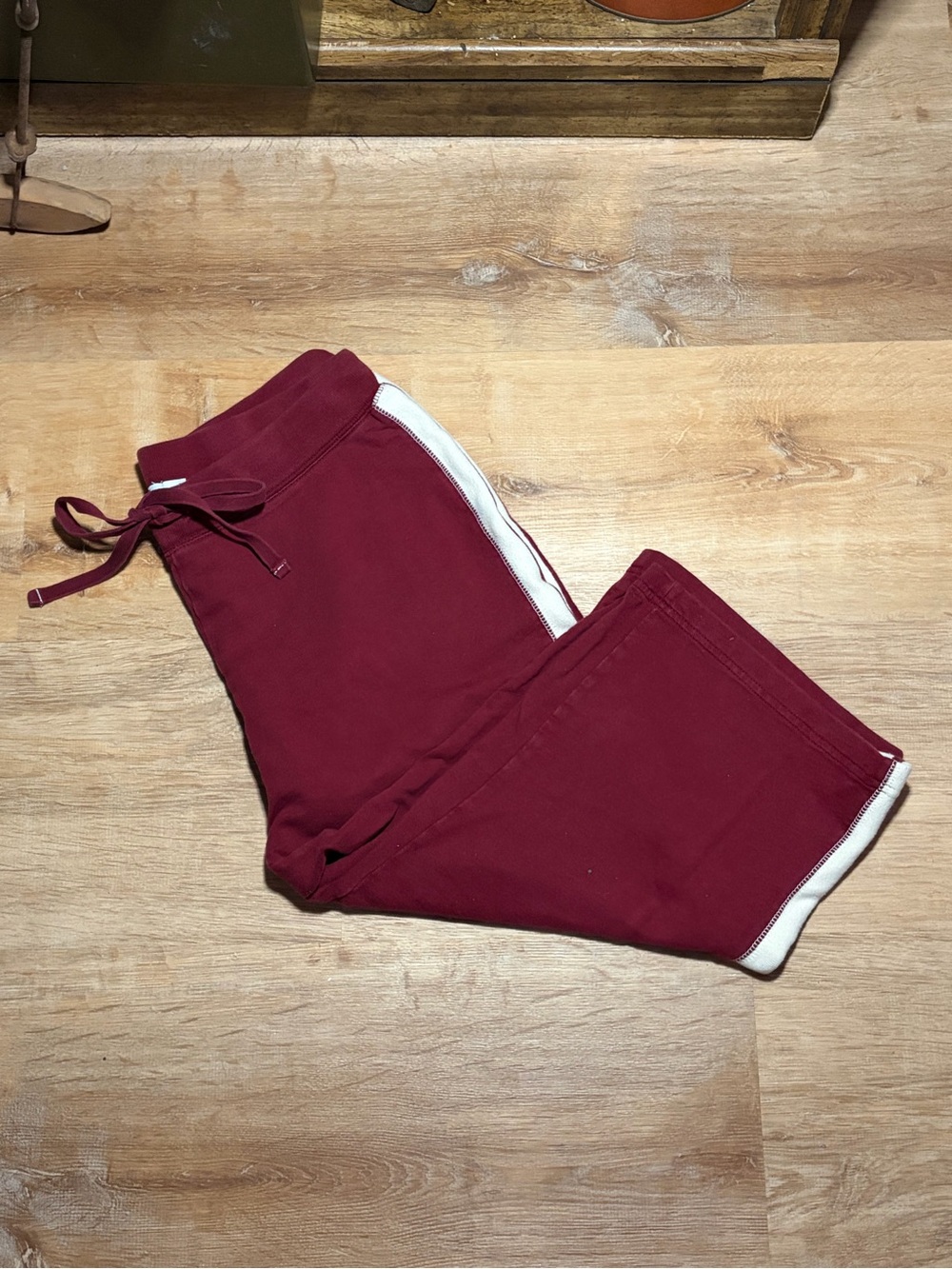 Vintage Maroon Drawstring Cotton Track Capri with White Stripe Sweatpants